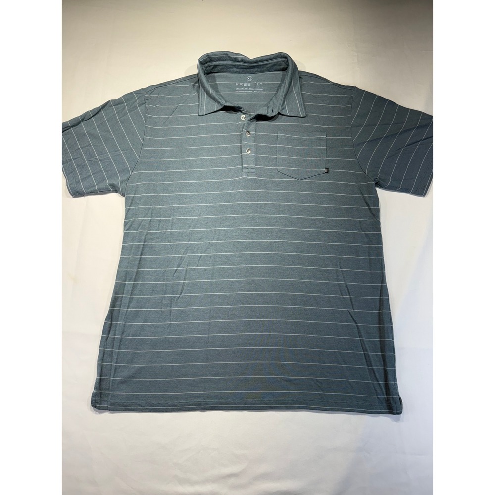 Free Fly Mens XL Bamboo Blend Striped Polo Shirt Blue Grey Short Sleeve Pocket